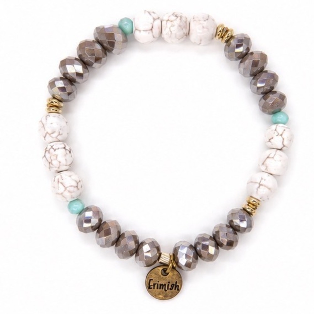 Erimish Beaded Stretch Bracelet Faceted Grey White Marble Gold Tone Logo Charm - Picture 3 of 8